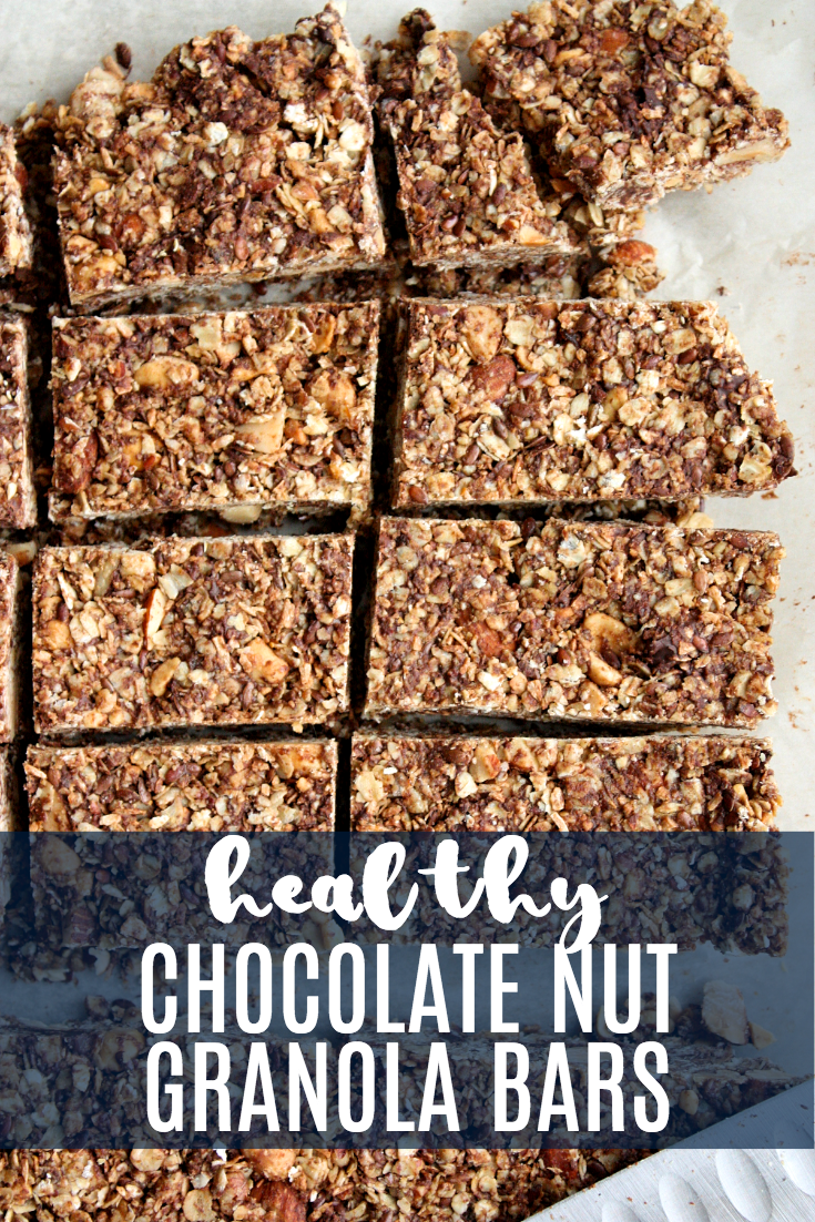 Silence the post school hangry whines of little people with these healthy chocolate nut granola bars. Loaded with good stuff like organic oats, flax seed, almonds, pecans, and coconut, you can feel good about feeding these tasty treats to the people you love (yes, even in those really hangry moments).